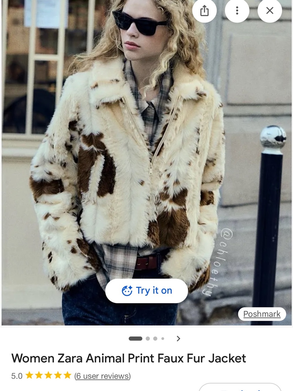 ZARA Cream Faux Fur Jacket with Brown Spot Pattern